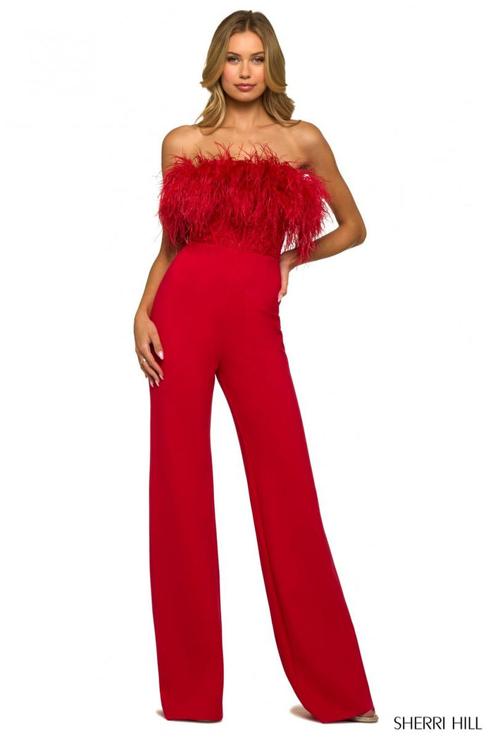 Sherri Hill Dress 55382 - Strapless Feather Bodice Jumpsuit