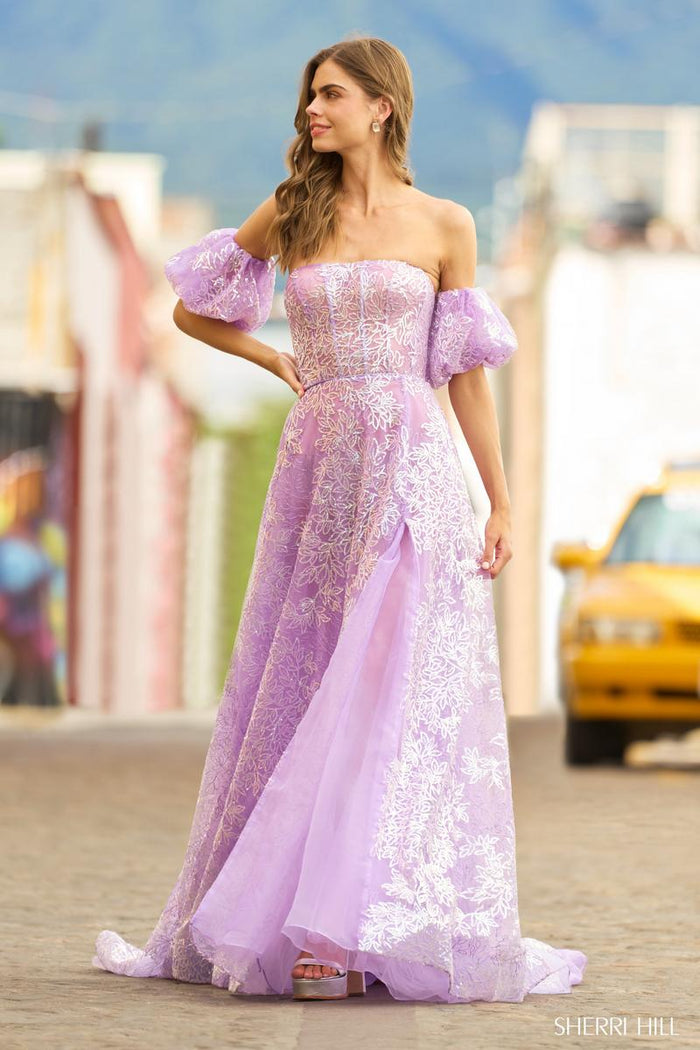 Sherri Hill Dress 55423 Off-Shoulder A-Line Gown with Slit