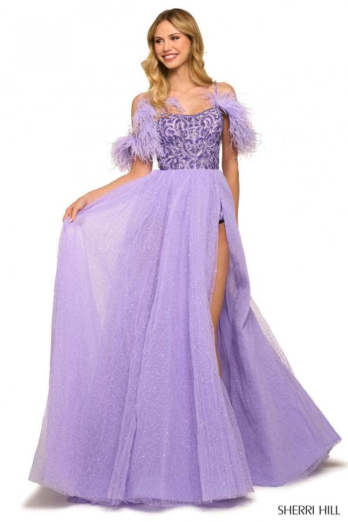 Sherri Hill Dress 55441 - Off-Shoulder A-Line Gown with Feather Detail