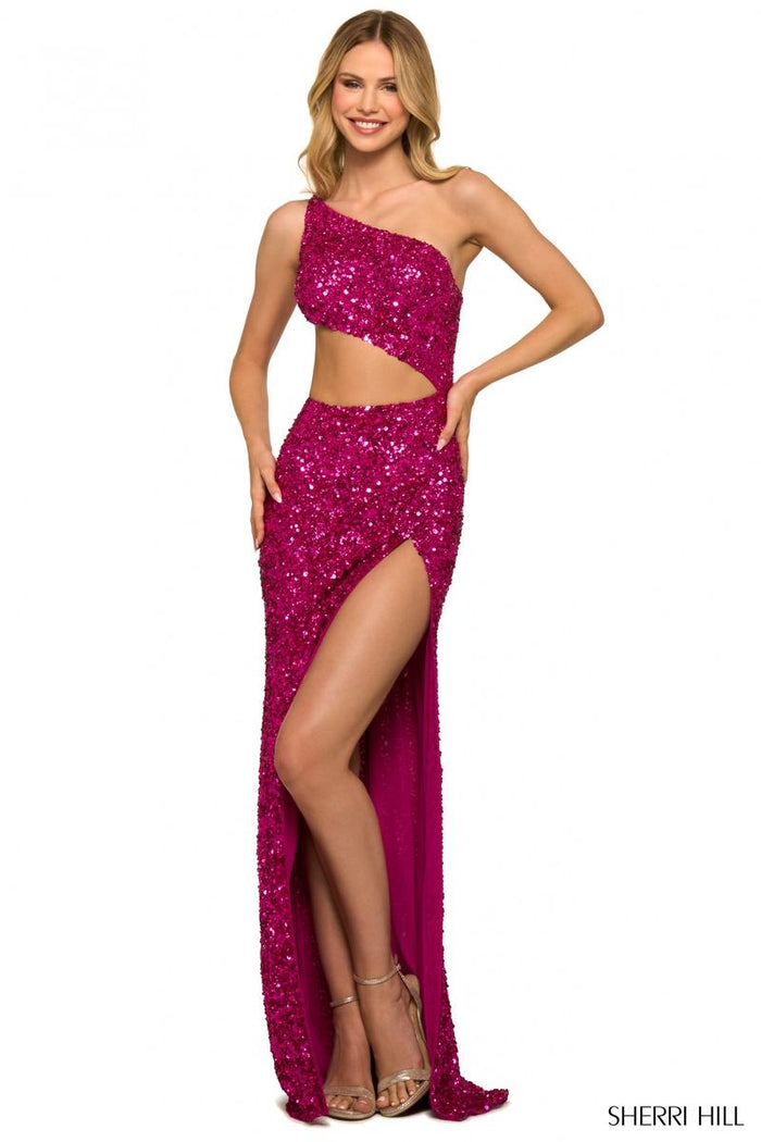 Sherri Hill Dress 55456 - One-Shoulder Sequin Cutout Gown