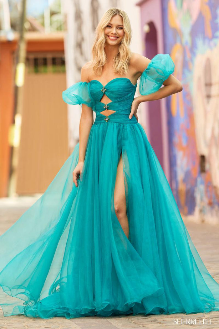 Sherri Hill Dress 55602 - Off-Shoulder A-Line Gown with Slit