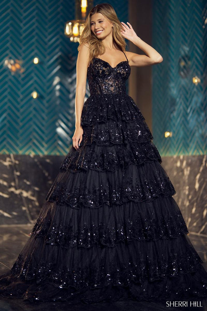 Sherri Hill Dress 55925 - Sweetheart Neckline, Long Tiered Ballgown
