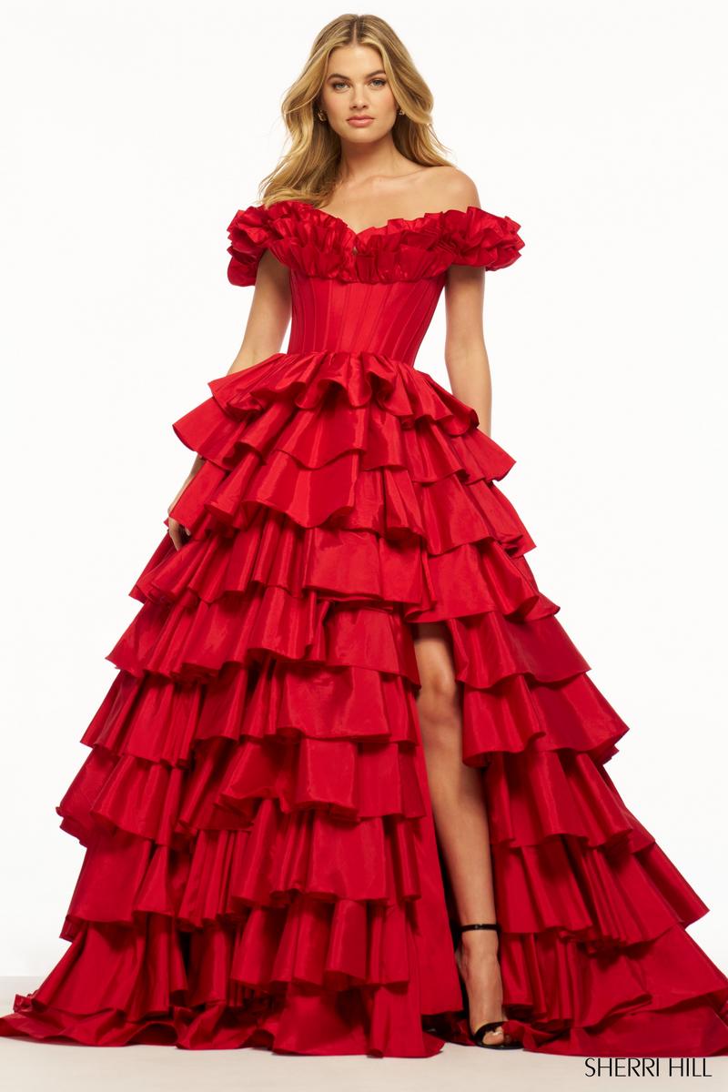 Sherri Hill Dress 56039 - Off-Shoulder Ballgown with Ruffled Skirt