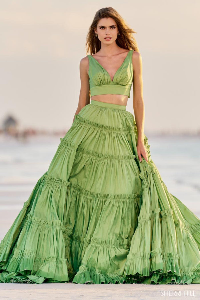 Sherri Hill Dress 56125 - V-Neck Crop Top and Tiered Skirt Ballgown