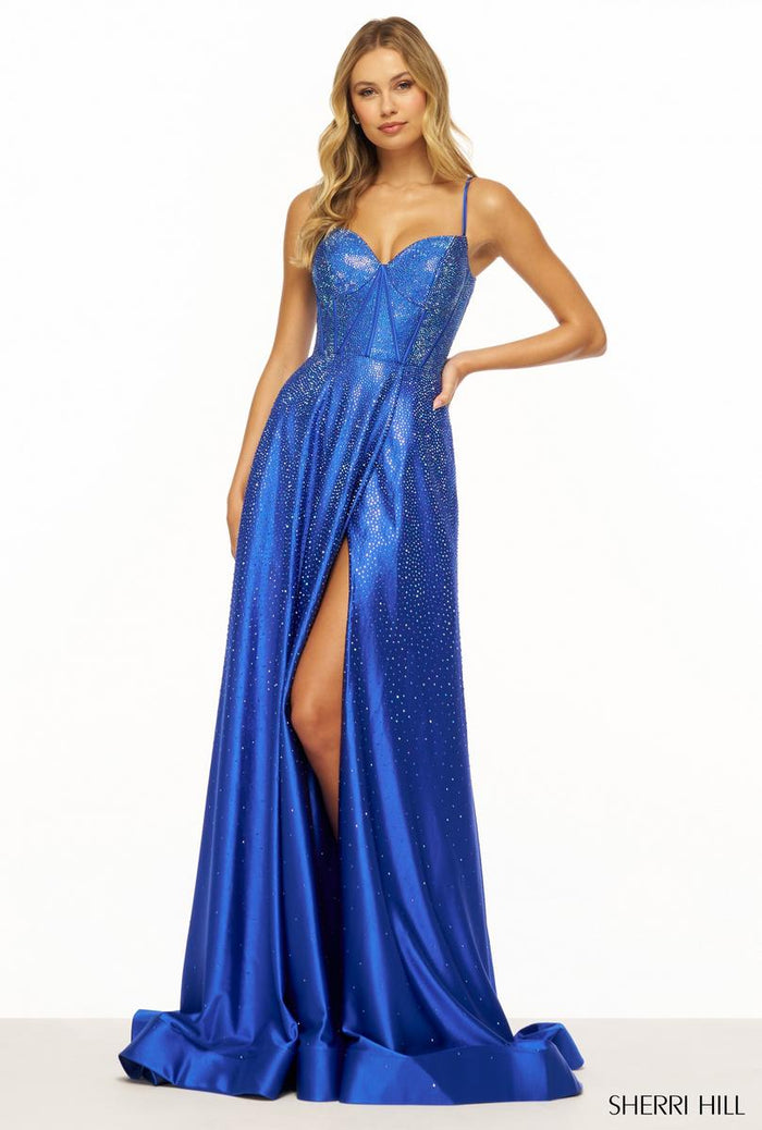 Sherri Hill Dress 56191 – Metallic Sweetheart A-Line Gown with Spaghetti Straps & High Slit