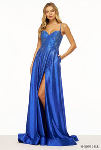 Sherri Hill Dress 56191 – Metallic Sweetheart A-Line Gown with Spaghetti Straps & High Slit