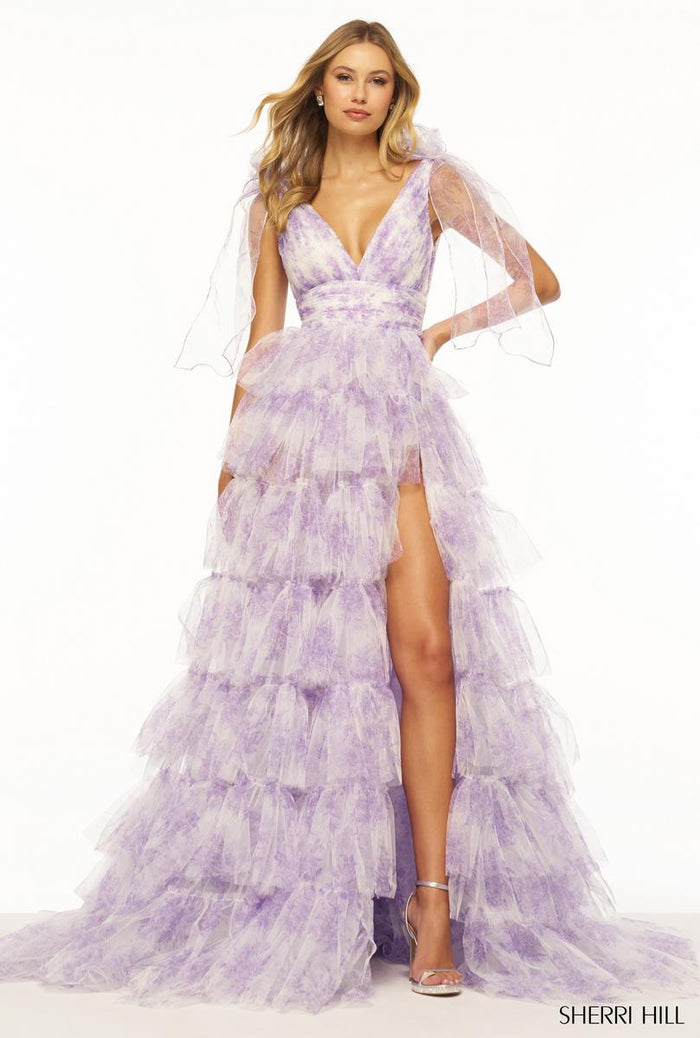 Sherri Hill Dress 56242 - V-Neck Long Layered A-Line Gown