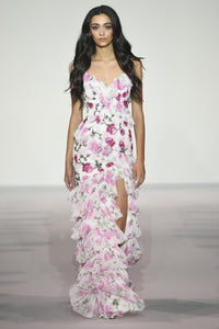 Sherri Hill Dress 56320 – Floral Print Spaghetti Strap V-Neck Ruffle High Slit Gown