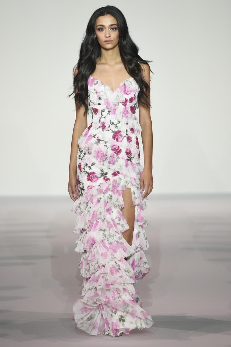 Sherri Hill Dress 56320 – Floral Print Spaghetti Strap V-Neck Ruffle High Slit Gown