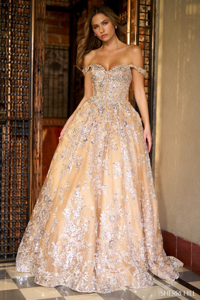 Sherri Hill Dress 56711 - Off-Shoulder Ballgown with Floral Embellishments