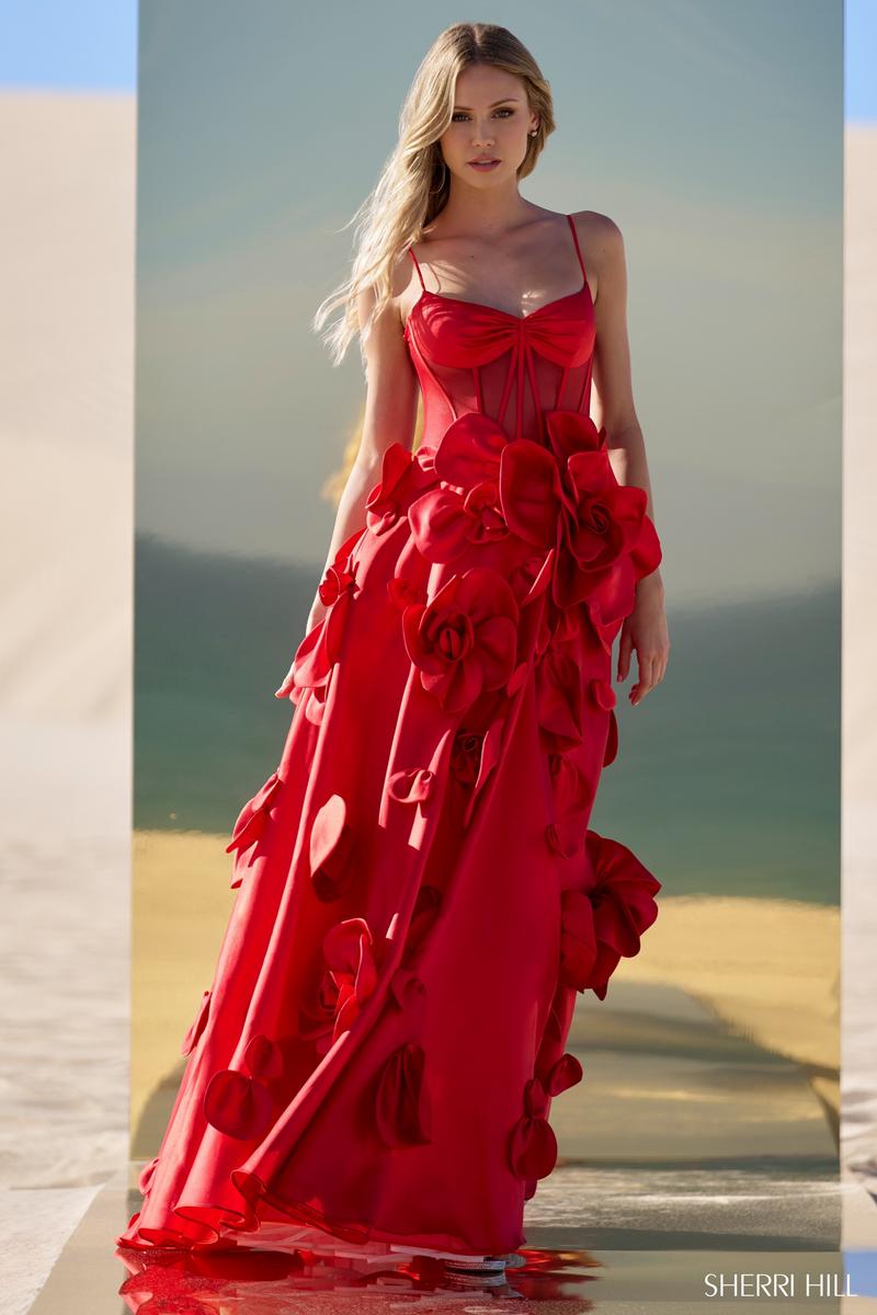 Sherri Hill Dress 56763 - Spaghetti Strap Floral Embellished A-Line Gown