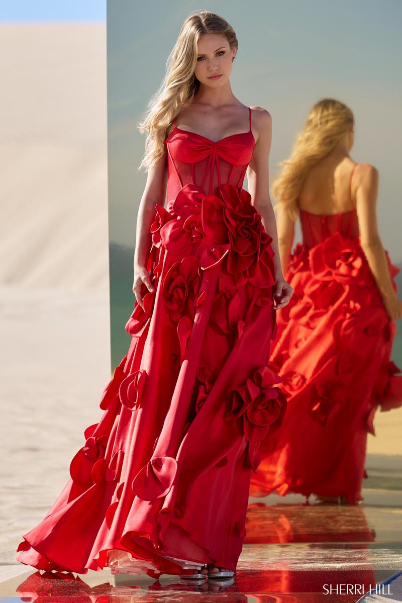 Sherri Hill Dress 56763 - Spaghetti Strap Floral Embellished A-Line Gown