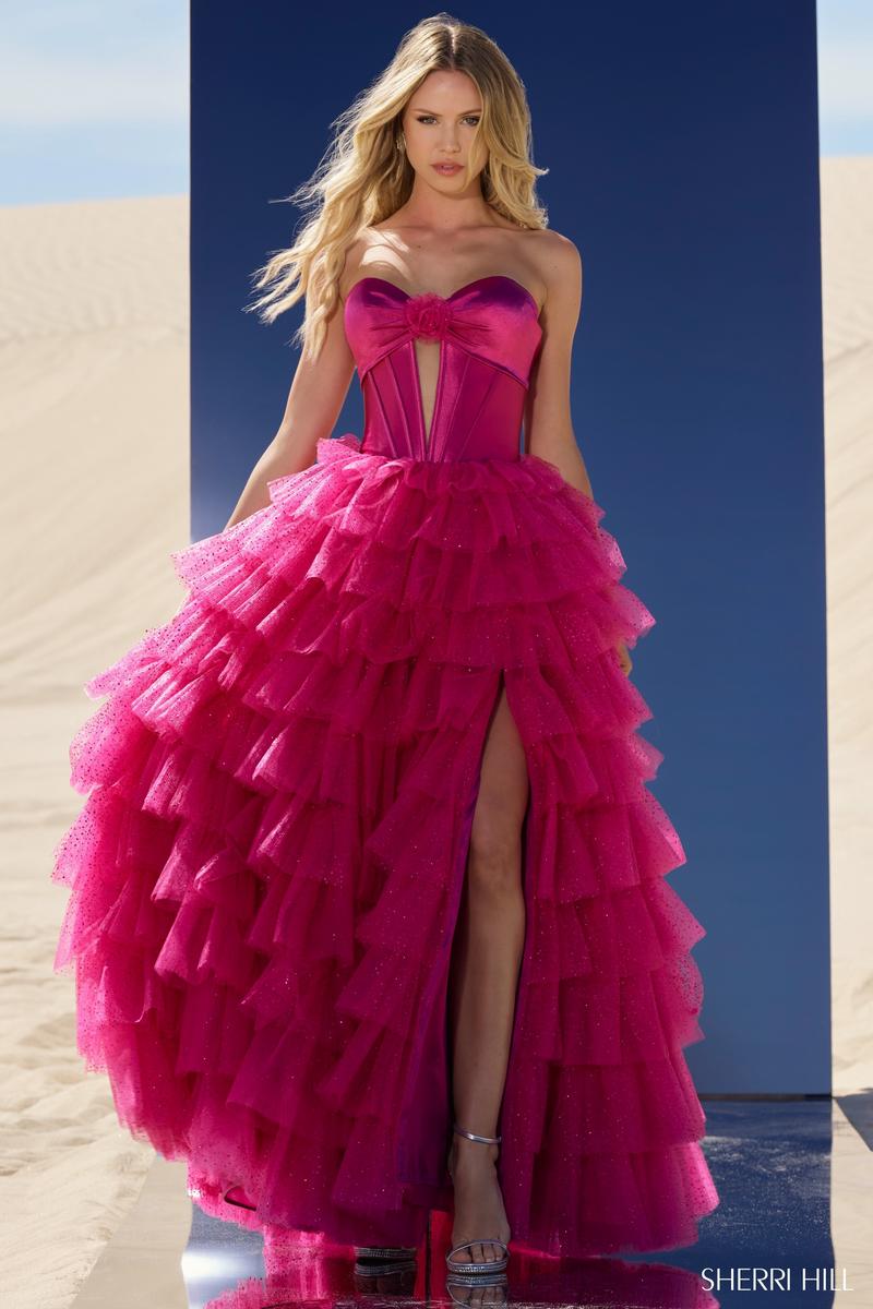 Sherri Hill Dress 56804 - Strapless High-Low Ruffled Ballgown