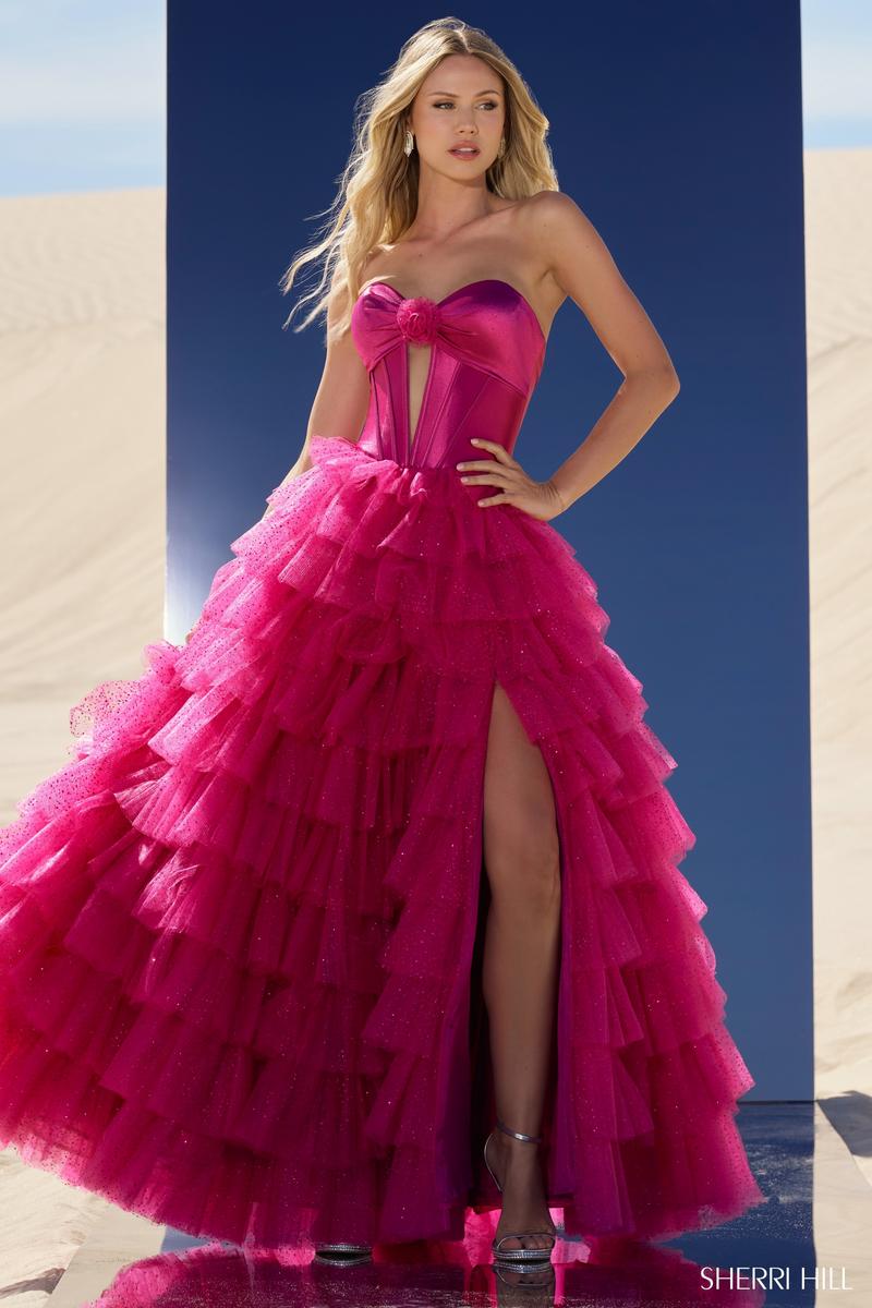 Sherri Hill Dress 56804 - Strapless High-Low Ruffled Ballgown