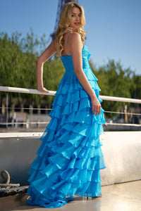 Sherri Hill Dress 56871 – Strapless Tiered Ruffle High-Low Gown with Bow Detail