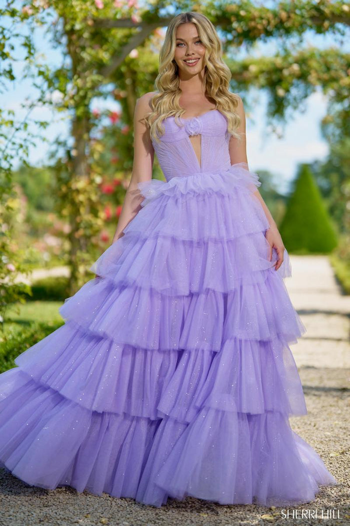 Sherri Hill Dress 56884 - Strapless Sparkle Tulle Ballgown with Ruffles & Rosette