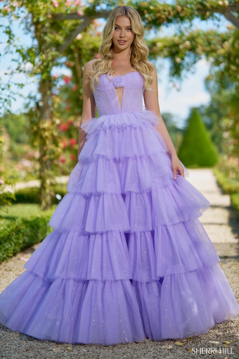 Sherri Hill Dress 56884 - Strapless Sparkle Tulle Ballgown with Ruffles & Rosette