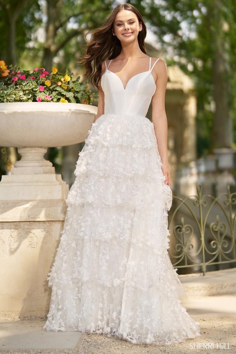 Sherri Hill Dress 57015 - Ivory V-Neck Long Ruffled A-Line Gown