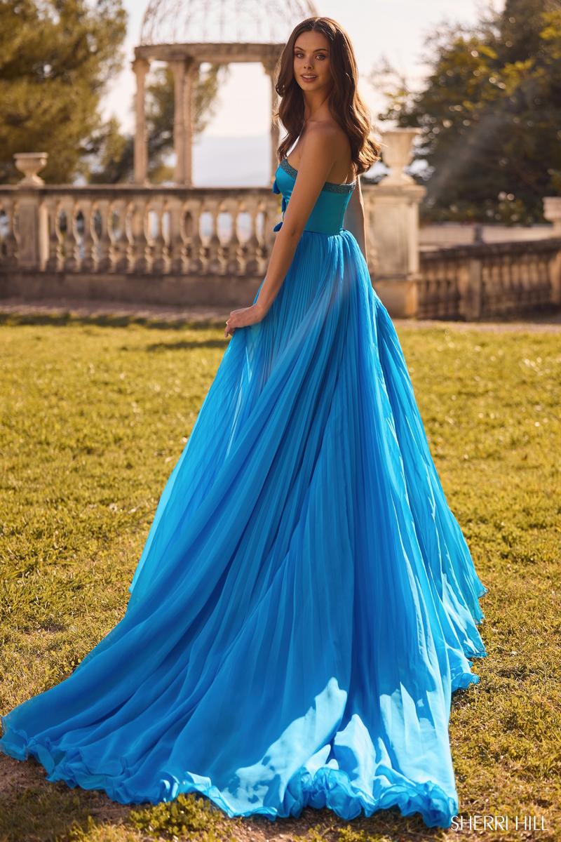 Sherri Hill Dress 57030 – Strapless Sweetheart Satin Gown with Beaded Bodice & High Slit