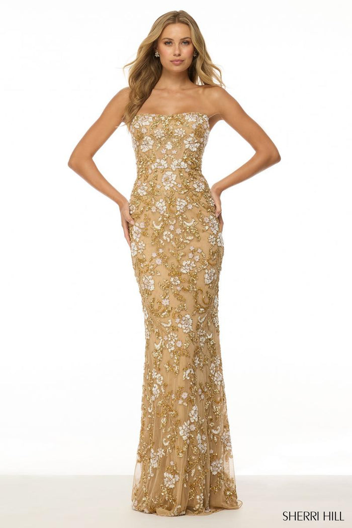 Sherri Hill 57107 Strapless Long Fitted Dress with Floral Embellishments