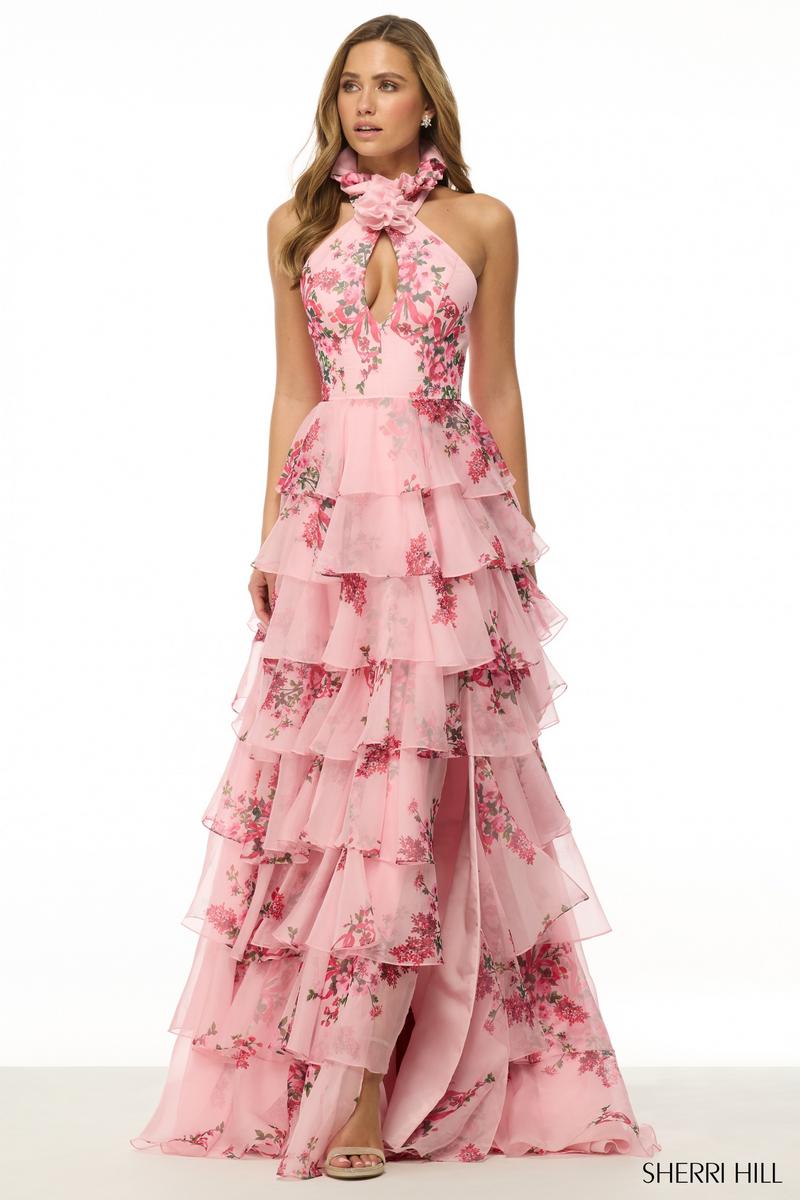 Sherri Hill 57251 Halter Neck Floral Tiered A-Line Gown