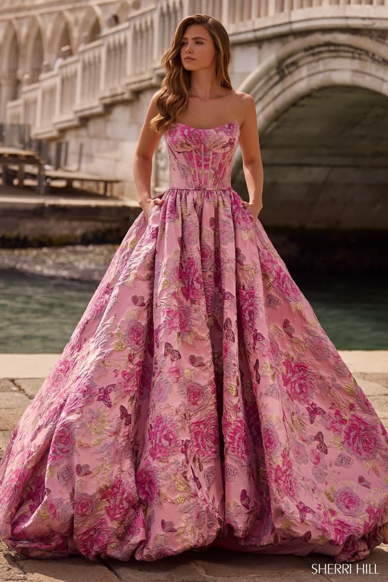 Sherri Hill Dress 57515 Strapless Ballgown with Floral Print