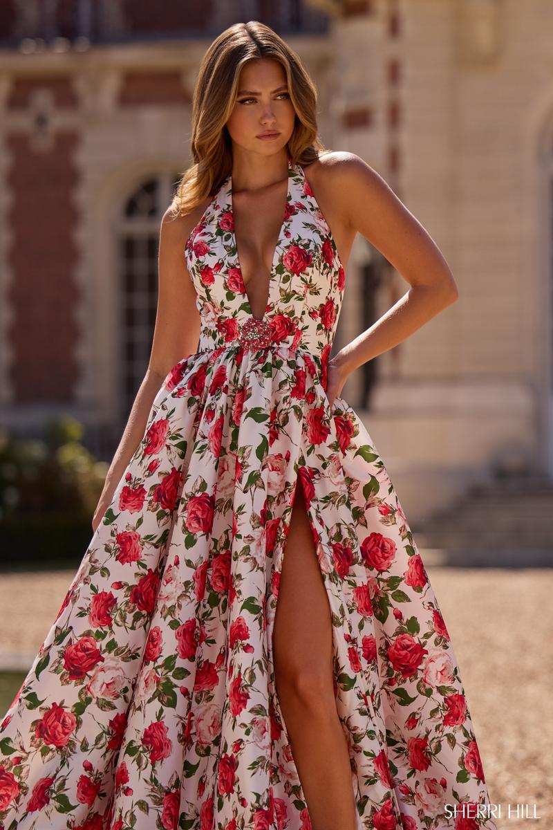 Sherri Hill Dress 57726 - Deep V-Neck Floral A-Line Gown