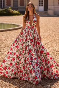 Sherri Hill Dress 57726 - Deep V-Neck Floral A-Line Gown