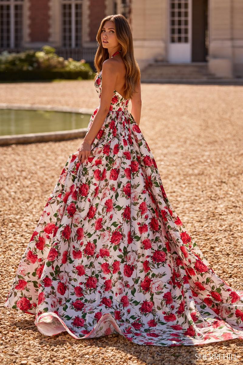 Sherri Hill Dress 57726 - Deep V-Neck Floral A-Line Gown