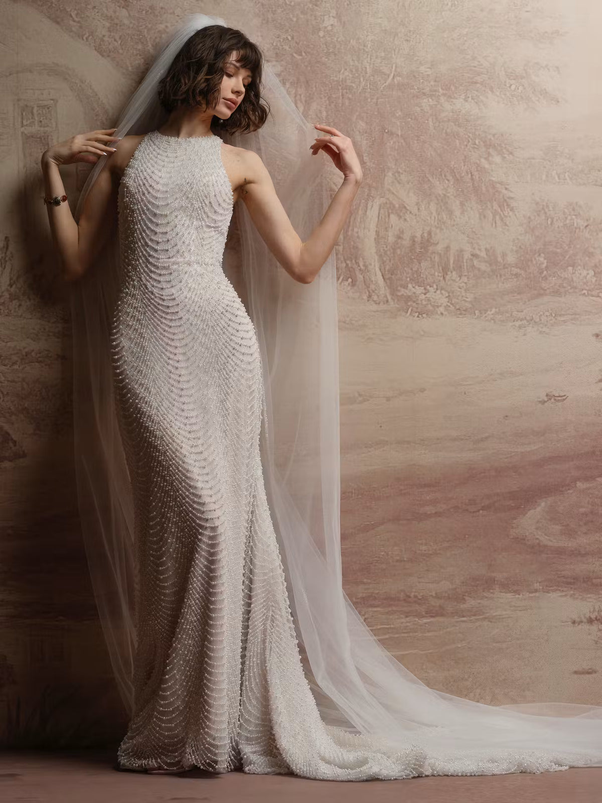 34839-Adorned Allover Pearl Embellished Chantilly Lace Bridal Gown
