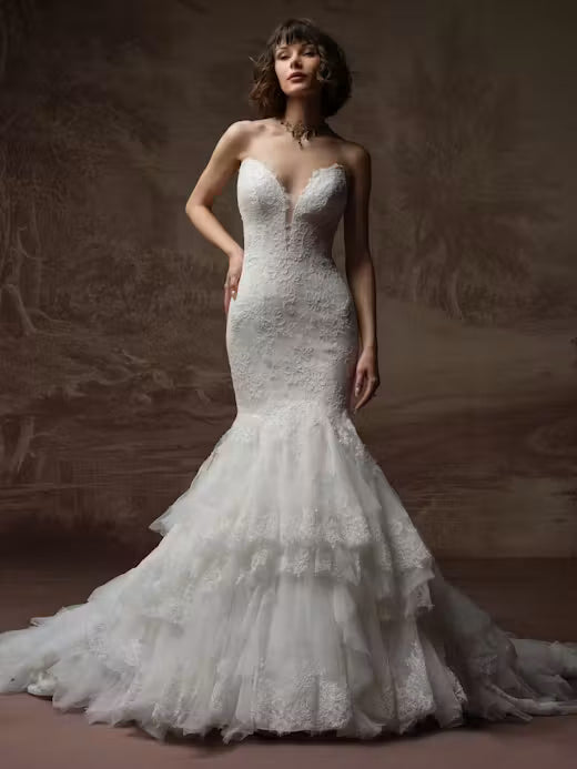 34842-Elegant Embellished lace Ruffle Tiered Wedding Dress