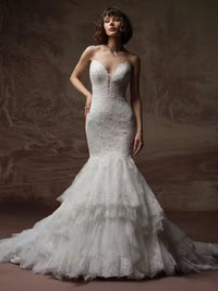34842-Elegant Embellished lace Ruffle Tiered Wedding Dress
