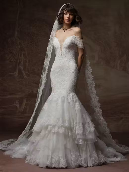 34842-Elegant Embellished lace Ruffle Tiered Wedding Dress
