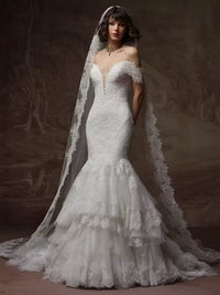 34842-Elegant Embellished lace Ruffle Tiered Wedding Dress