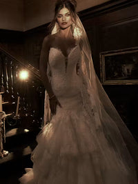 34842-Elegant Embellished lace Ruffle Tiered Wedding Dress