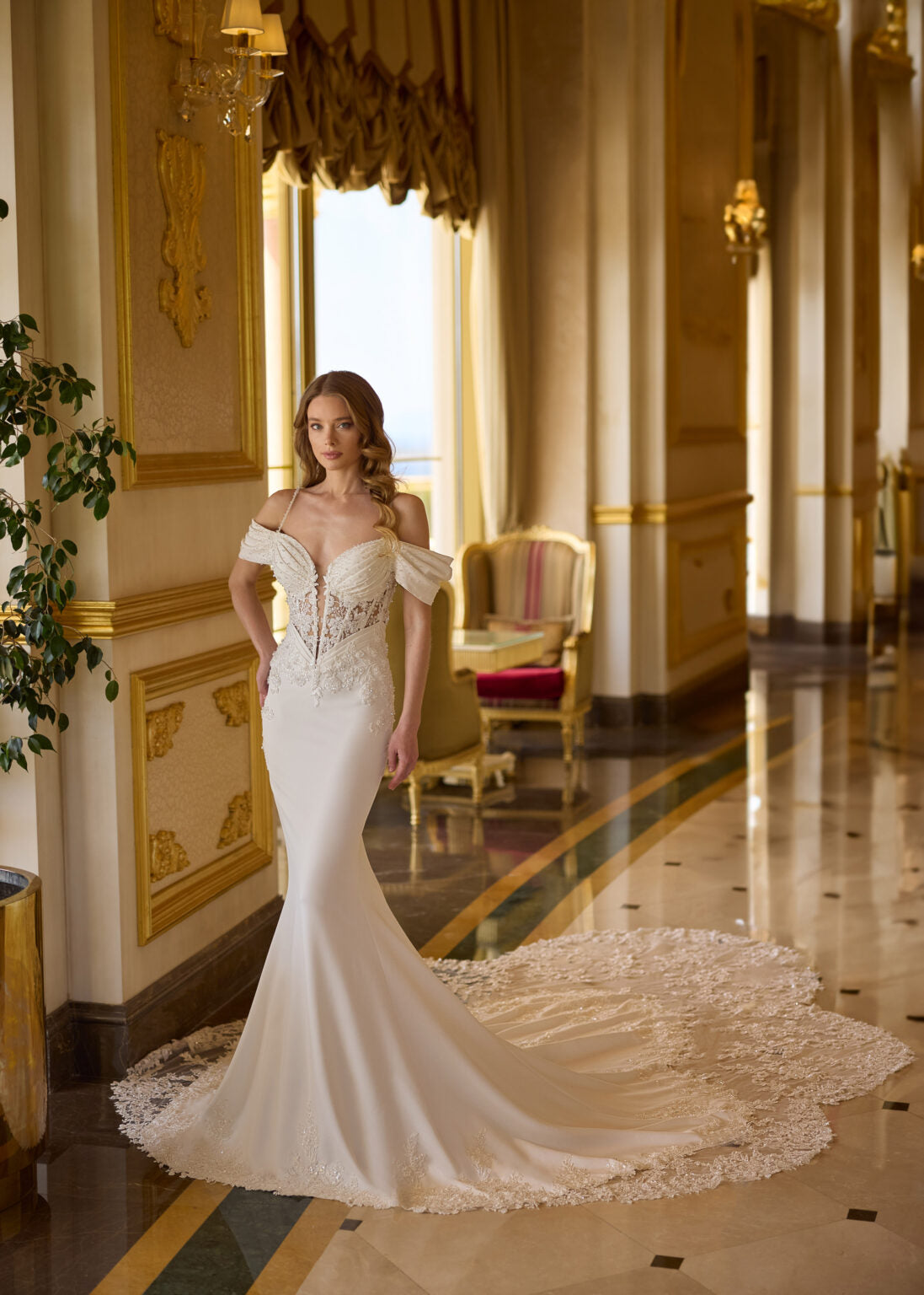 33723- Fitted Crepe fit and flare with elaborate train