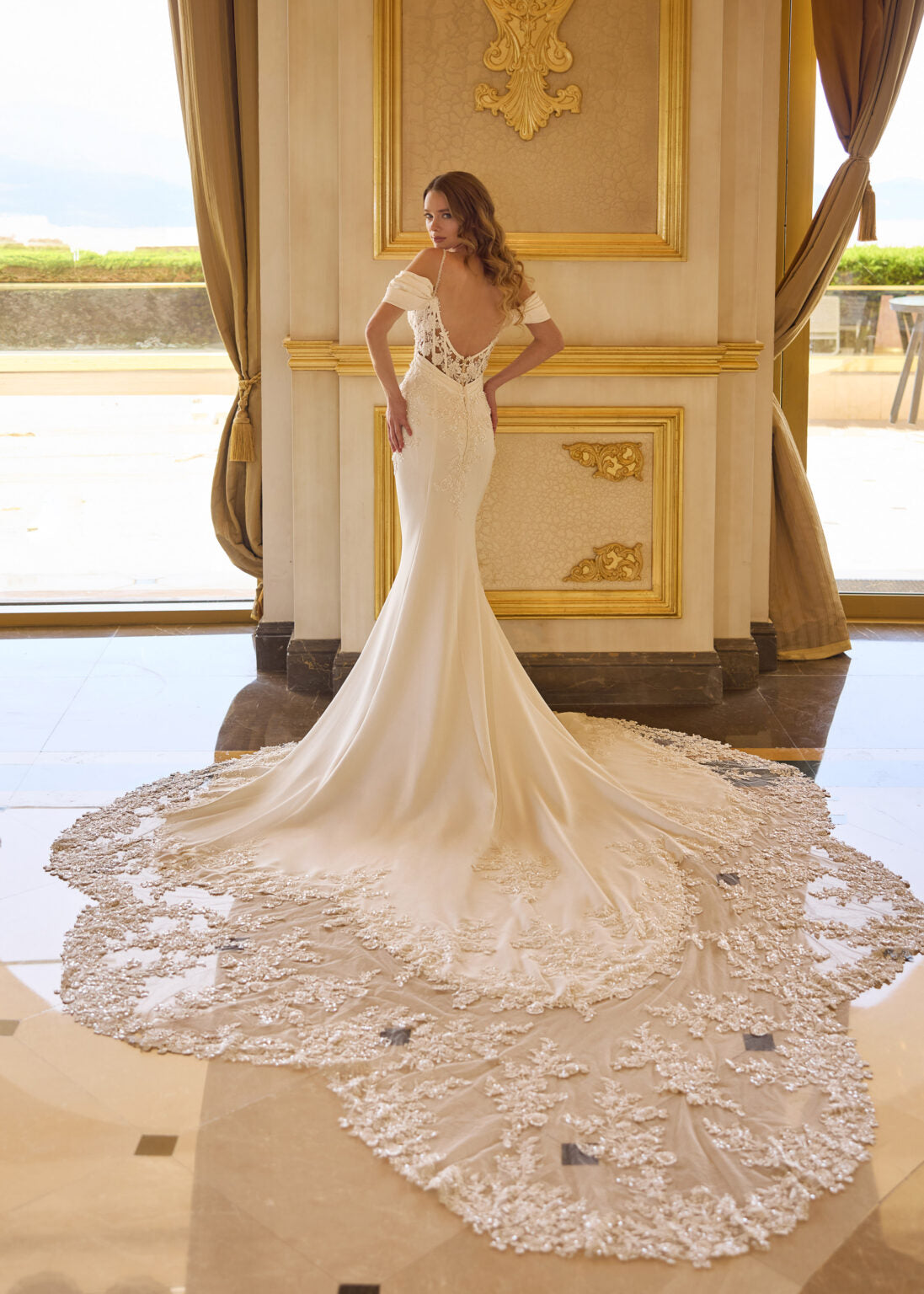 33723- Fitted Crepe fit and flare with elaborate train