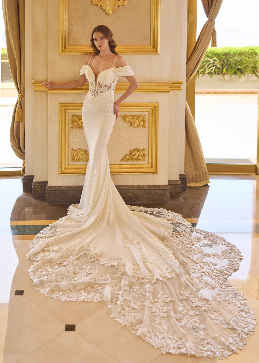 33723- Fitted Crepe fit and flare with elaborate train