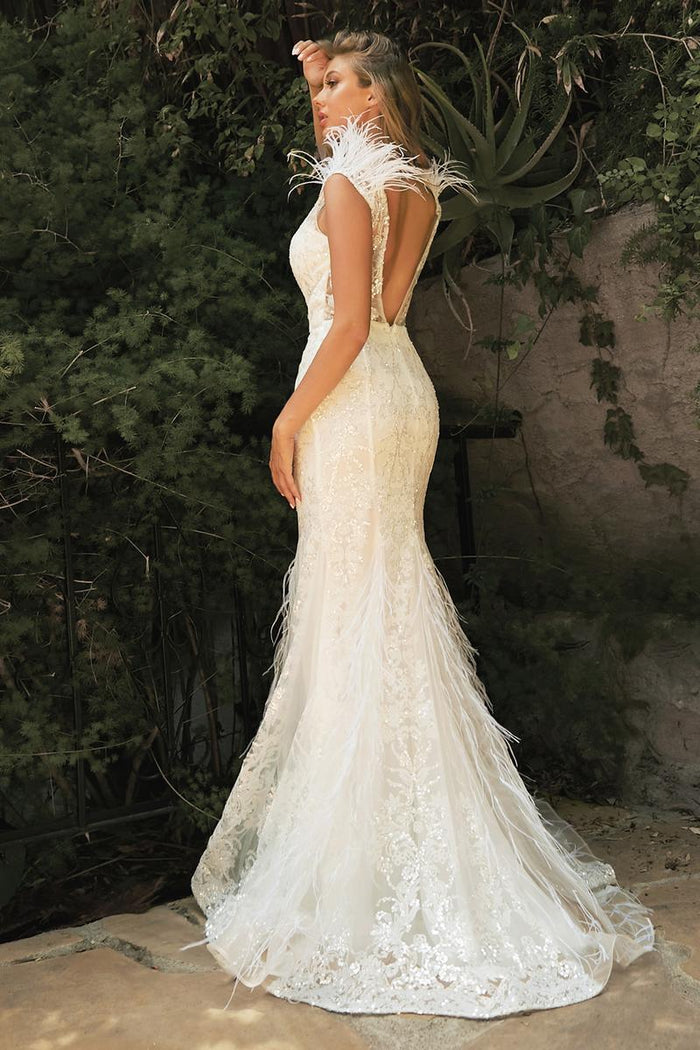 Ladivine Dress C57W - Plunging Neckline, Floral Long Fit and Flare