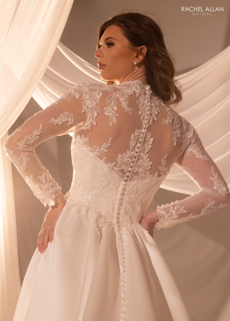 33457 - Satin Ball Gown Wedding Dress with Lace Sleeves