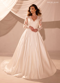 33457 - Satin Ball Gown Wedding Dress with Lace Sleeves