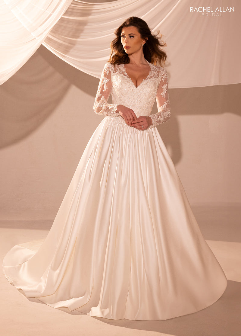 33457 - Satin Ball Gown Wedding Dress with Lace Sleeves