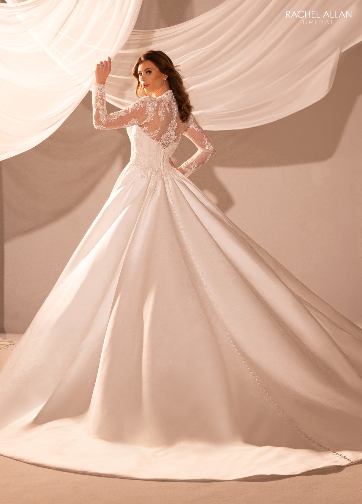 33457 - Satin Ball Gown Wedding Dress with Lace Sleeves