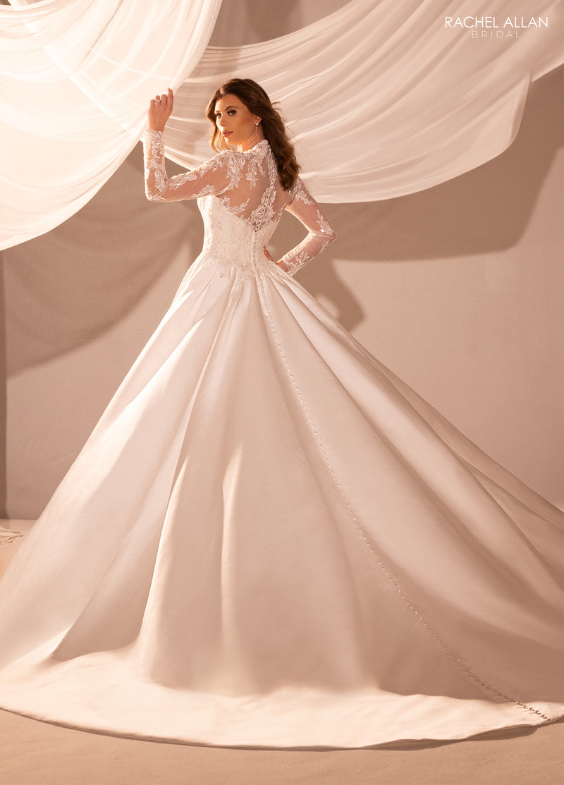 33457 - Satin Ball Gown Wedding Dress with Lace Sleeves