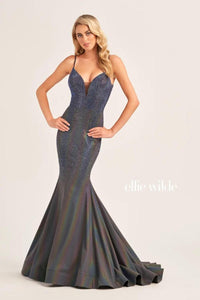 Ellie Wilde EW35701 Glittering Fit and Flare Gown with Plunging Neckline