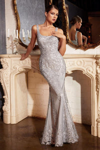 Ladivine Dress J814 - Plunging Neckline, Floral Fit and Flare Gown