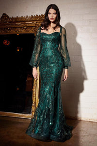 Ladivine J816 Floral Sheer Bodice Long Gown with Slit