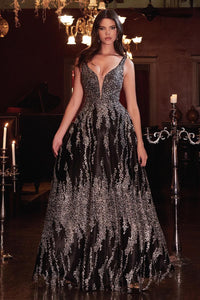 Ladivine Dress J819 - Plunging Neckline, Long Floral Fit and Flare Gown