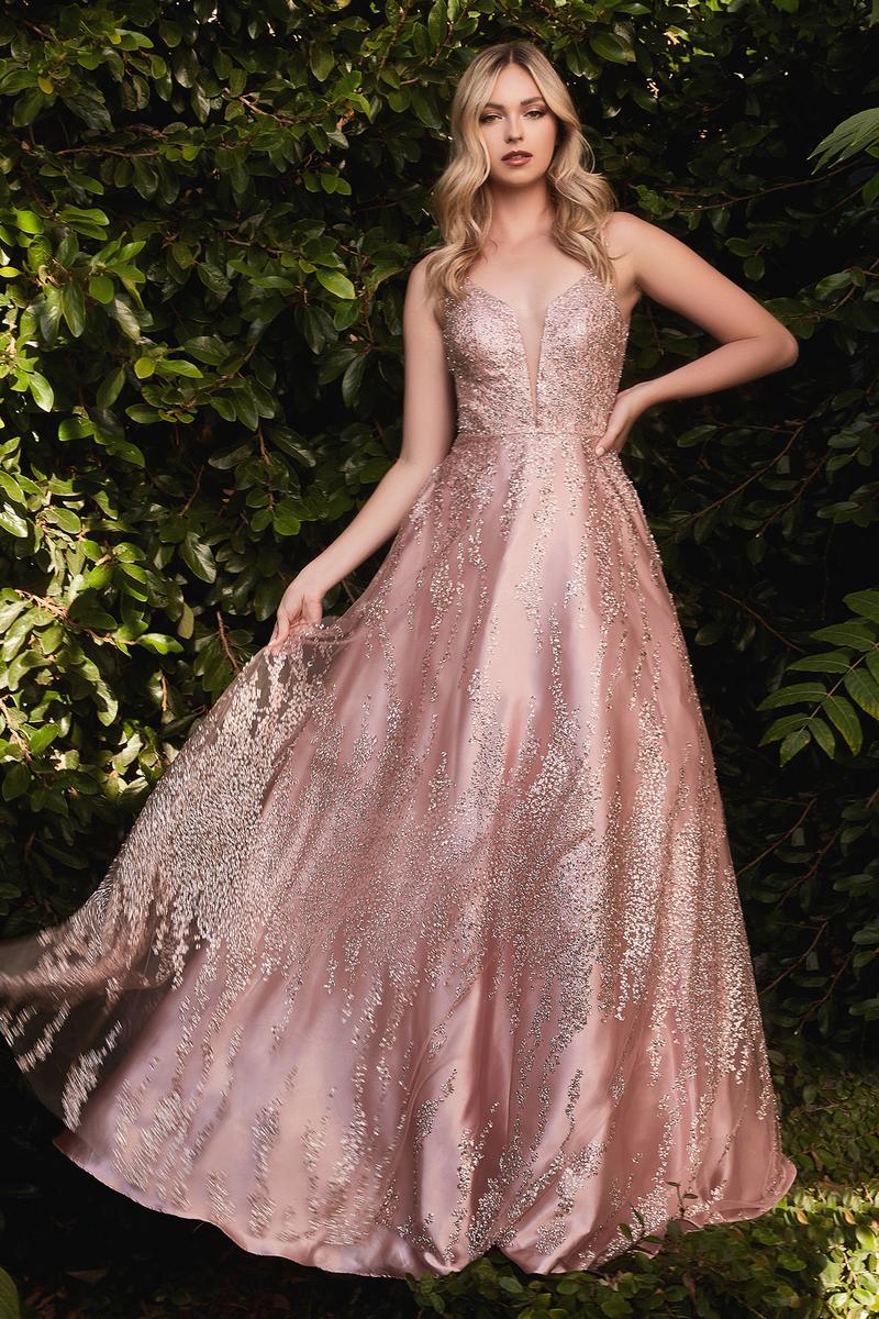 Ladivine Dress J819 - Plunging Neckline, Long Floral Fit and Flare Gown