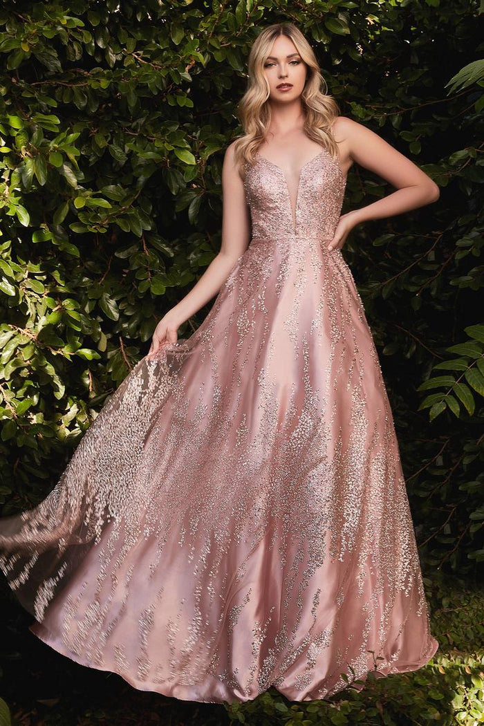 Ladivine Dress J819 - Plunging Neckline, Long Floral Fit and Flare Gown